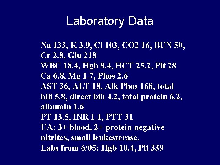 Laboratory Data Na 133, K 3. 9, Cl 103, CO 2 16, BUN 50,