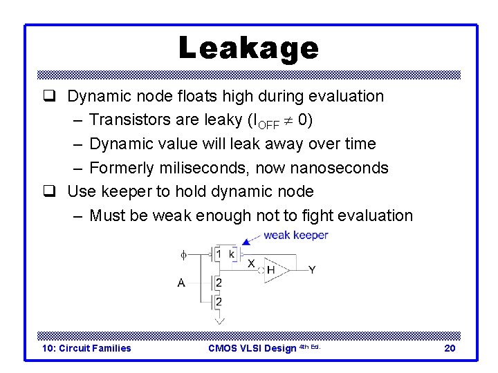 Leakage q Dynamic node floats high during evaluation – Transistors are leaky (IOFF 0)