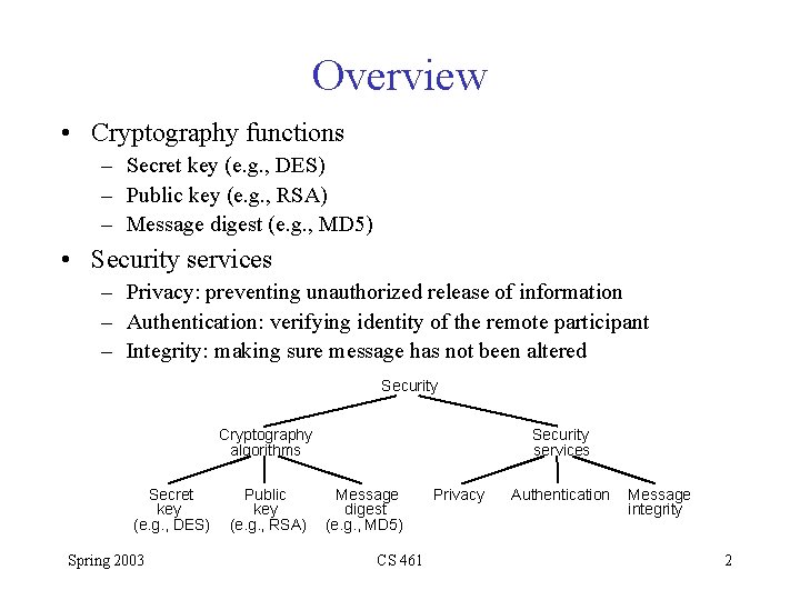 Overview • Cryptography functions – Secret key (e. g. , DES) – Public key