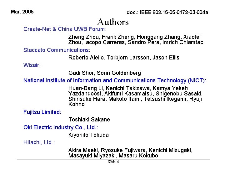 Mar. 2005 doc. : IEEE 802. 15 -05 -0172 -03 -004 a Authors Create-Net