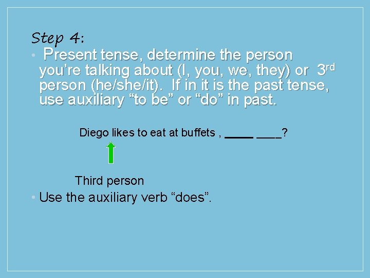 Step 4: • Present tense, determine the person you’re talking about (I, you, we,