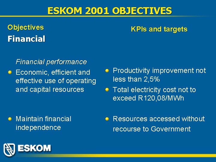 ESKOM 2001 OBJECTIVES Objectives Financial performance Economic, efficient and effective use of operating and