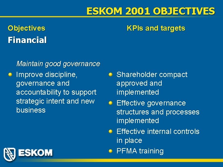 ESKOM 2001 OBJECTIVES Objectives KPIs and targets Financial Maintain good governance Improve discipline, governance