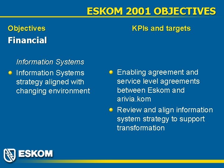 ESKOM 2001 OBJECTIVES Objectives KPIs and targets Financial Information Systems strategy aligned with changing