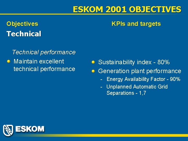 ESKOM 2001 OBJECTIVES Objectives KPIs and targets Technical performance Maintain excellent technical performance Sustainability