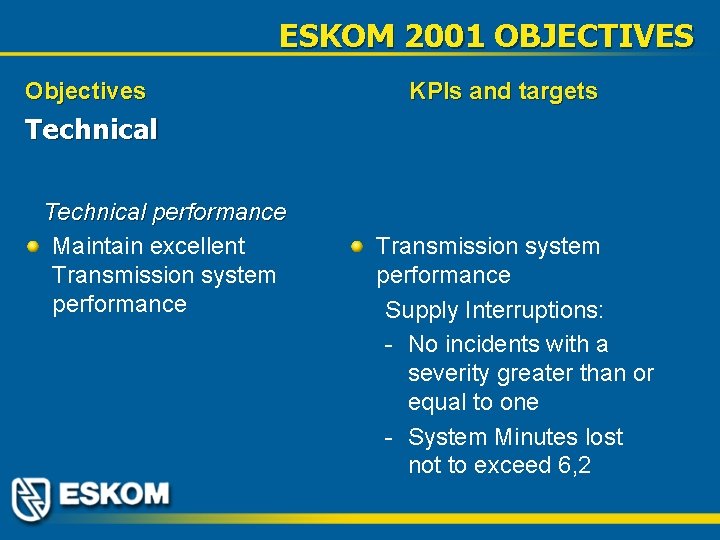 ESKOM 2001 OBJECTIVES Objectives KPIs and targets Technical performance Maintain excellent Transmission system performance