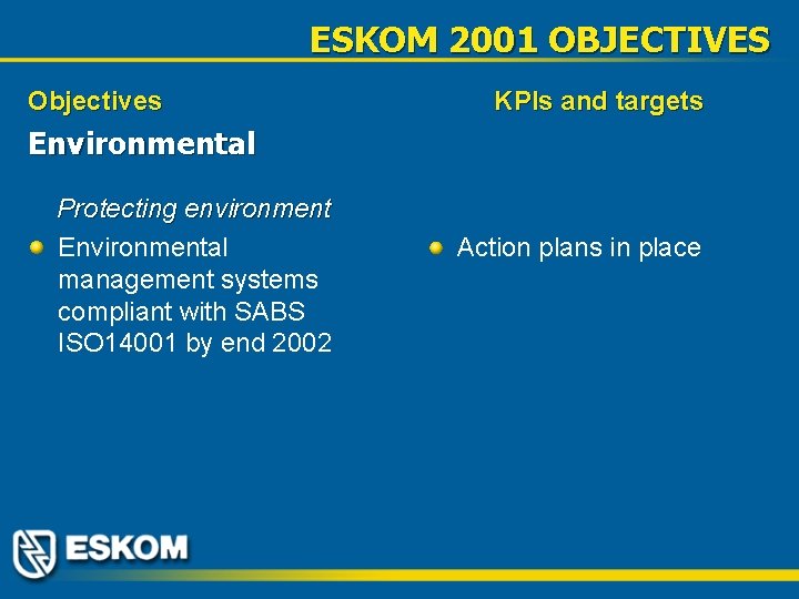 ESKOM 2001 OBJECTIVES Objectives KPIs and targets Environmental Protecting environment Environmental management systems compliant
