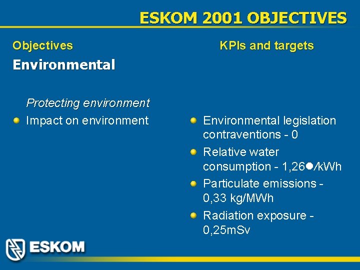 ESKOM 2001 OBJECTIVES Objectives KPIs and targets Environmental Protecting environment Impact on environment Environmental