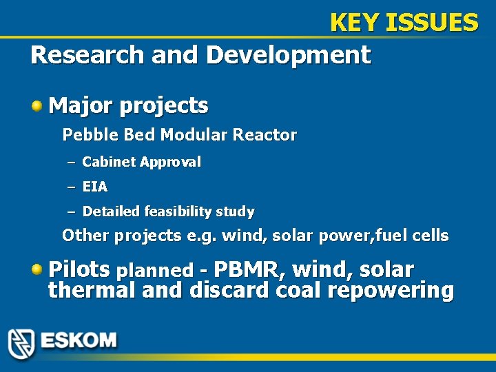 KEY ISSUES Research and Development Major projects Pebble Bed Modular Reactor – Cabinet Approval