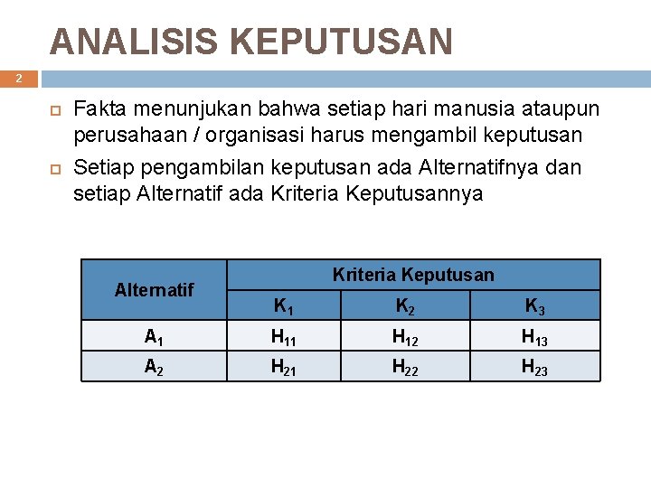 ANALISIS KEPUTUSAN 2 Fakta menunjukan bahwa setiap hari manusia ataupun perusahaan / organisasi harus