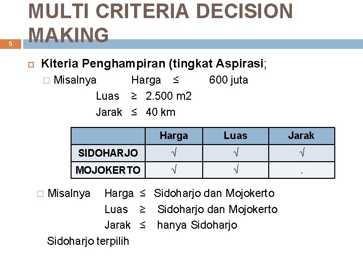 5 MULTI CRITERIA DECISION MAKING Kiteria Penghampiran (tingkat Aspirasi; � � Misalnya Harga ≤