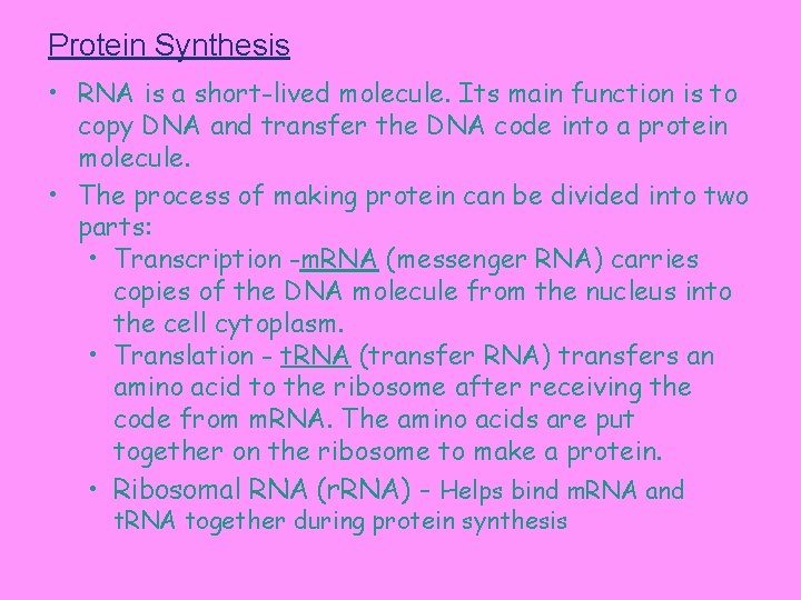 Protein Synthesis • RNA is a short-lived molecule. Its main function is to copy