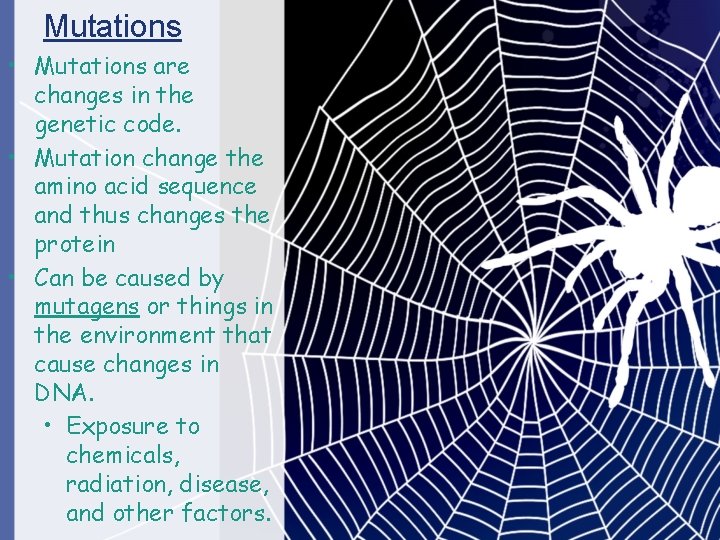 Mutations • Mutations are changes in the genetic code. • Mutation change the amino