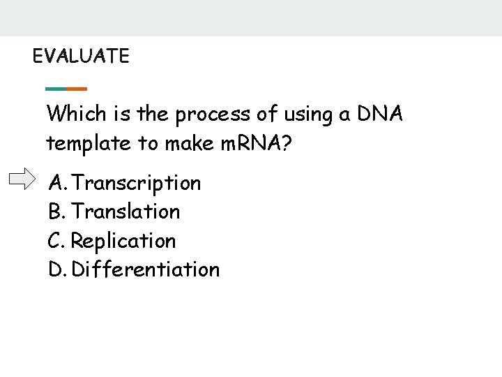 EVALUATE Which is the process of using a DNA template to make m. RNA?