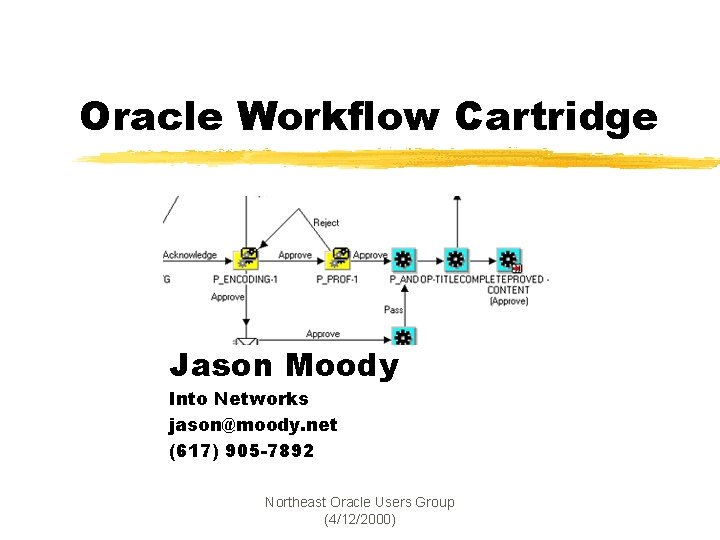 Oracle Workflow Cartridge Jason Moody Into Networks jason@moody. net (617) 905 -7892 Northeast Oracle