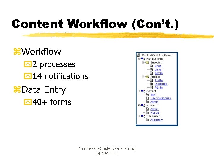 Content Workflow (Con’t. ) z. Workflow y 2 processes y 14 notifications z. Data