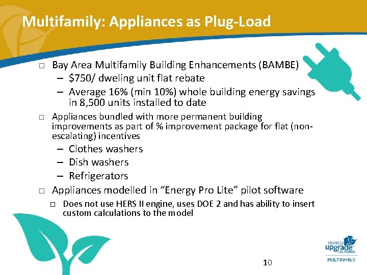 Multifamily: Appliances as Plug-Load Bay Area Multifamily Building Enhancements (BAMBE) – $750/ dweling unit