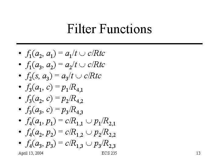 Filter Functions • • • f 1(a 2, a 1) = a 1/t c/Rtc Filter Functions • • • f 1(a 2, a 1) = a 1/t c/Rtc