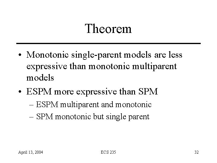 Theorem • Monotonic single-parent models are less expressive than monotonic multiparent models • ESPM Theorem • Monotonic single-parent models are less expressive than monotonic multiparent models • ESPM