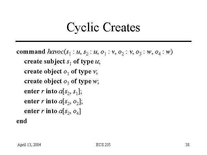 Cyclic Creates command havoc(s 1 : u, s 2 : u, o 1 : Cyclic Creates command havoc(s 1 : u, s 2 : u, o 1 :