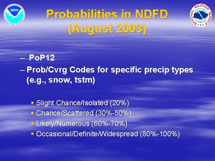Probabilities in NDFD (August 2003) – Po. P 12 – Prob/Cvrg Codes for specific