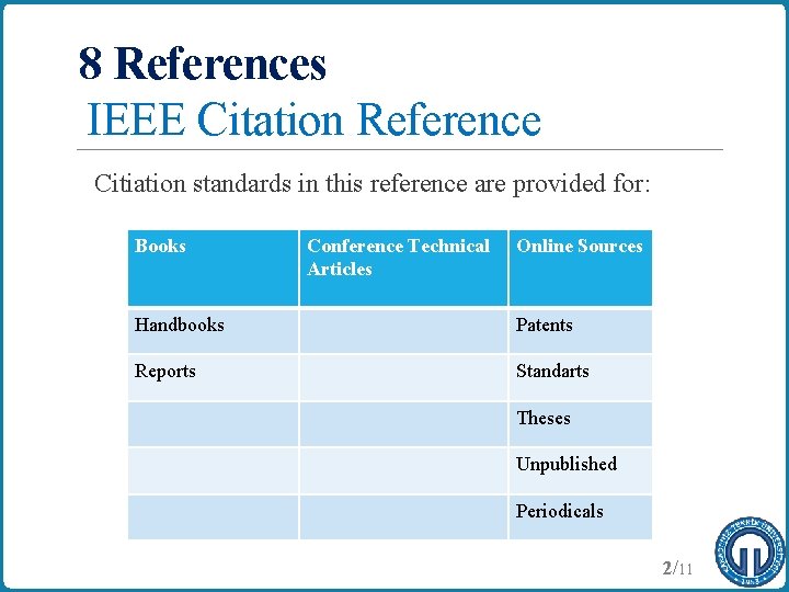 8 References IEEE Citation Reference Citiation standards in this reference are provided for: Books