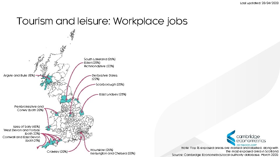 Last updated: 28/04/2020 Tourism and leisure: Workplace jobs South Lakeland (25%) Eden (23%) Richmondshire