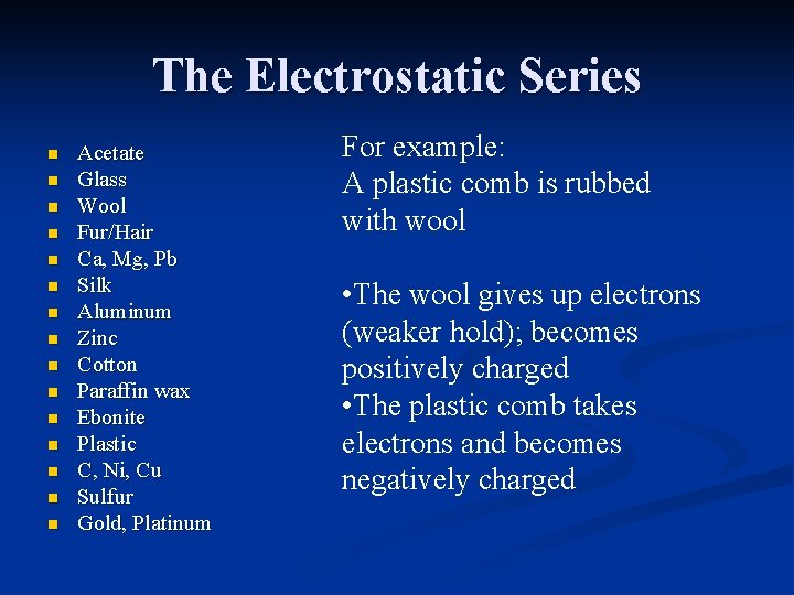The Electrostatic Series n n n n Acetate Glass Wool Fur/Hair Ca, Mg, Pb