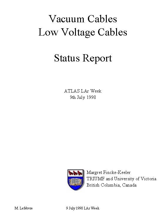 Vacuum Cables Low Voltage Cables Status Report ATLAS LAr Week 9 th July 1998