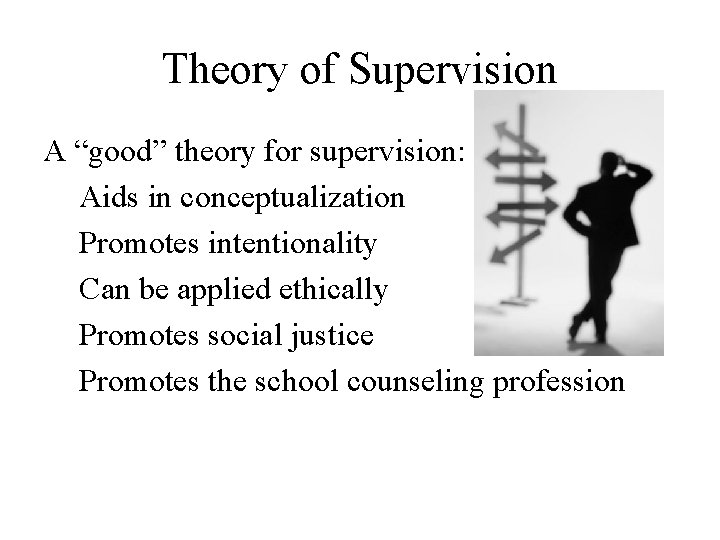 Theory of Supervision A “good” theory for supervision: Aids in conceptualization Promotes intentionality Can