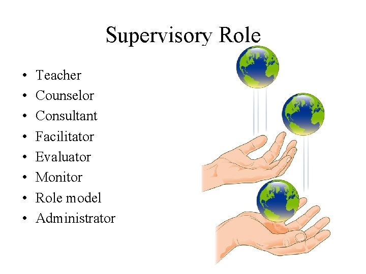 Supervisory Role • • Teacher Counselor Consultant Facilitator Evaluator Monitor Role model Administrator 