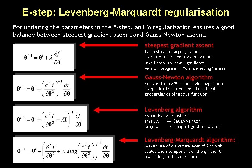 E-step: Levenberg-Marquardt regularisation For updating the parameters in the E-step, an LM regularisation ensures