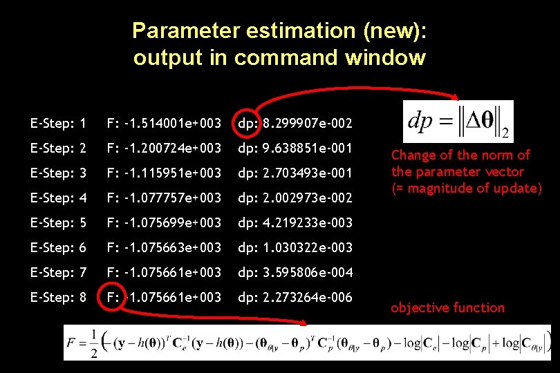 Parameter estimation (new): output in command window E-Step: 1 F: -1. 514001 e+003 dp: