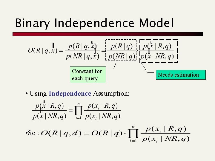 Binary Independence Model Constant for each query • Using Independence Assumption: • So :