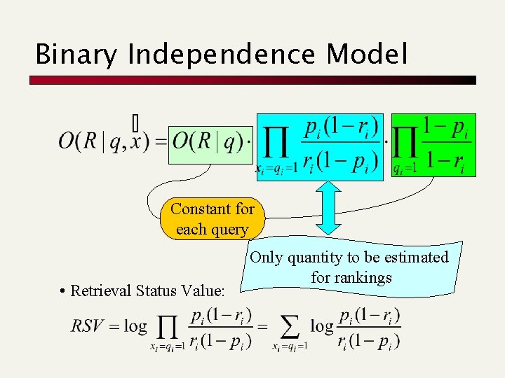 Binary Independence Model Constant for each query • Retrieval Status Value: Only quantity to