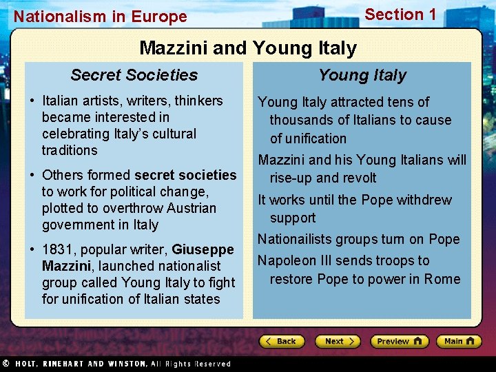 Section 1 Nationalism in Europe Mazzini and Young Italy Secret Societies • Italian artists,