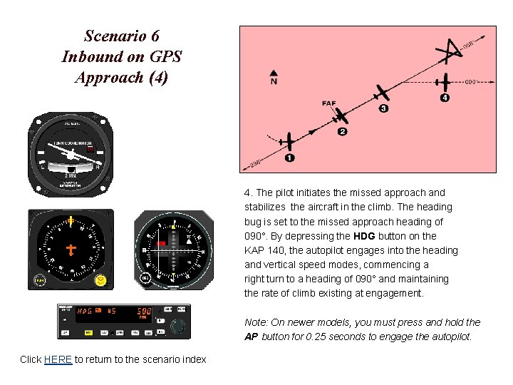 Scenario 6 Inbound on GPS Approach (4) 4. The pilot initiates the missed approach