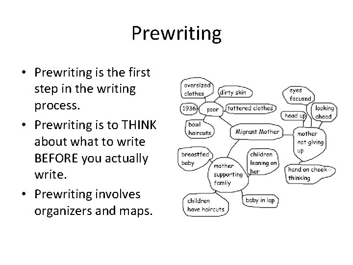 Prewriting • Prewriting is the first step in the writing process. • Prewriting is