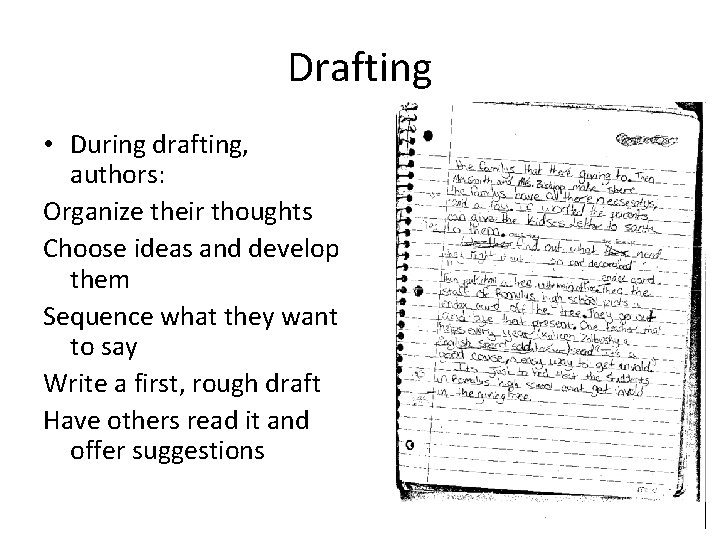 Drafting • During drafting, authors: Organize their thoughts Choose ideas and develop them Sequence