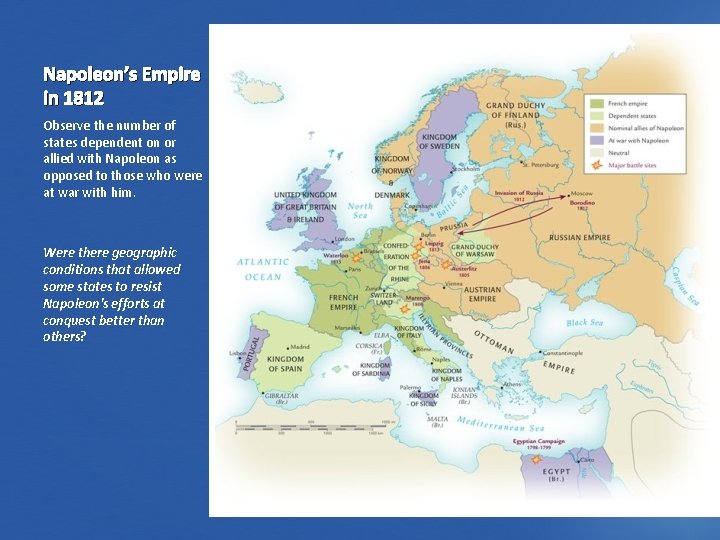 Napoleon’s Empire in 1812 Observe the number of states dependent on or allied with