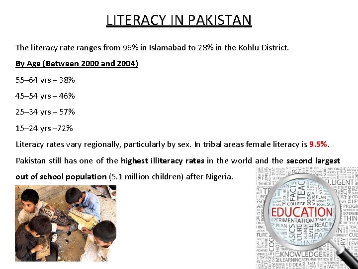 LITERACY IN PAKISTAN The literacy rate ranges from 96% in Islamabad to 28% in