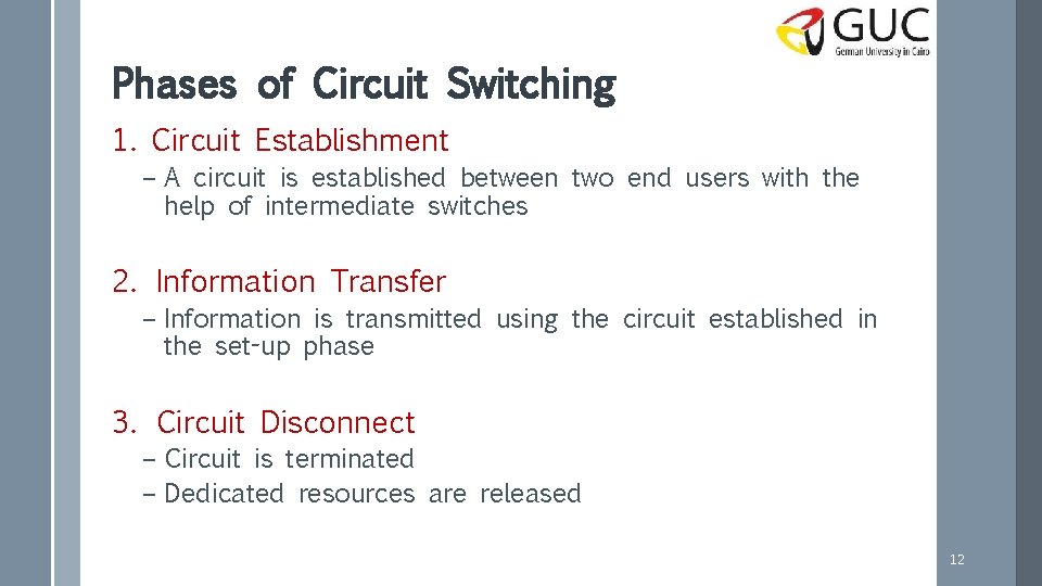 Phases of Circuit Switching 1. Circuit Establishment – A circuit is established between two