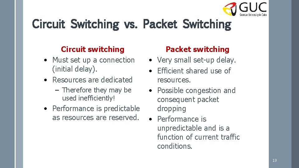 Circuit Switching vs. Packet Switching Circuit switching • Must set up a connection (initial