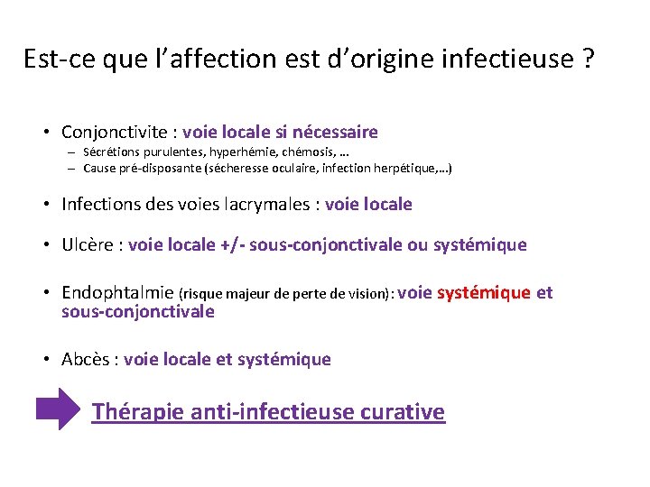 Est-ce que l’affection est d’origine infectieuse ? • Conjonctivite : voie locale si nécessaire