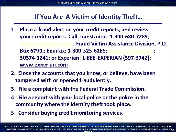 DEPARTMENT OF THE NAVY CHIEF INFORMATION OFFICER If You Are A Victim of Identity