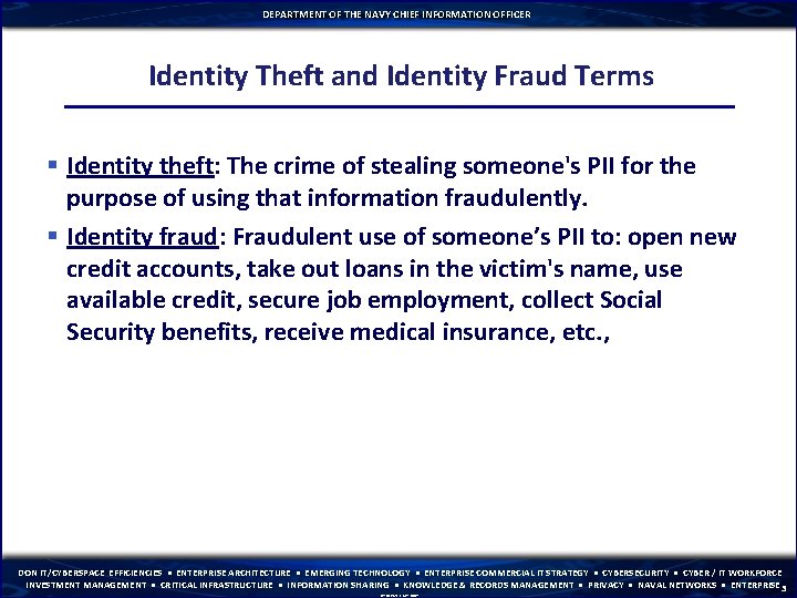 DEPARTMENT OF THE NAVY CHIEF INFORMATION OFFICER Identity Theft and Identity Fraud Terms §