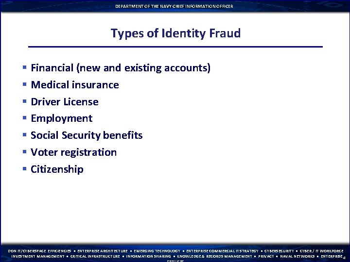 DEPARTMENT OF THE NAVY CHIEF INFORMATION OFFICER Types of Identity Fraud § Financial (new