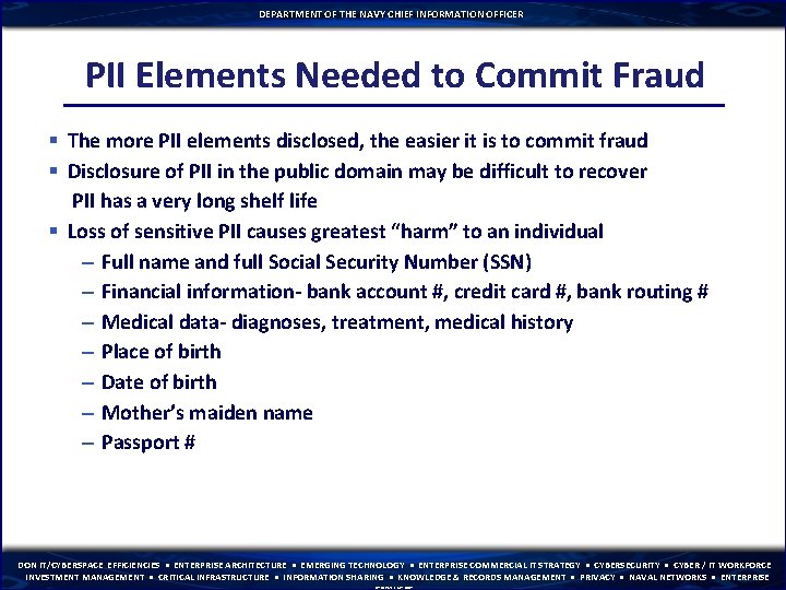 DEPARTMENT OF THE NAVY CHIEF INFORMATION OFFICER PII Elements Needed to Commit Fraud §