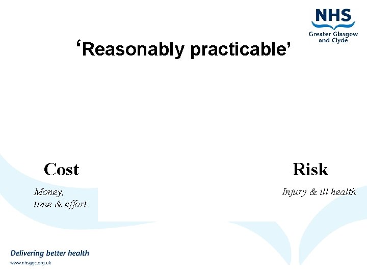‘Reasonably practicable’ Cost Money, time & effort Risk Injury & ill health 