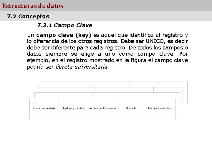 Estructuras de datos 7. 2 Conceptos 7. 2. 1 Campo Clave Un campo clave